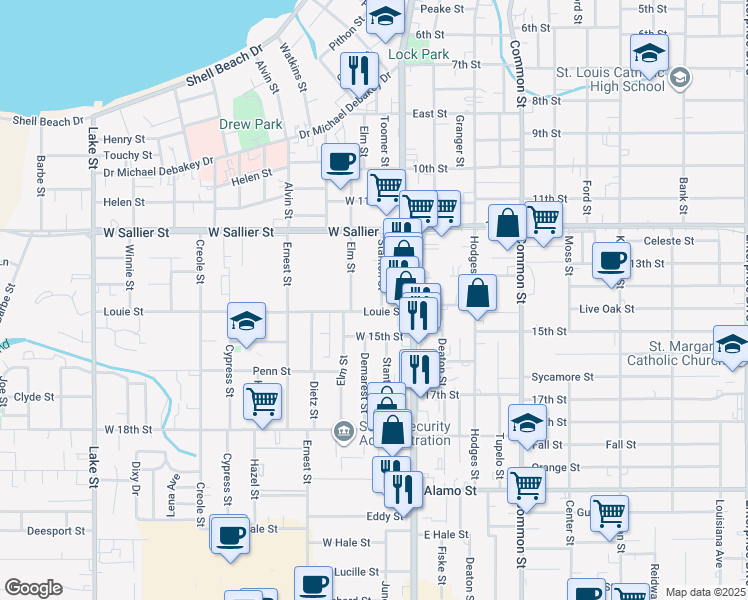 map of restaurants, bars, coffee shops, grocery stores, and more near 2214 Stanton Street in Lake Charles