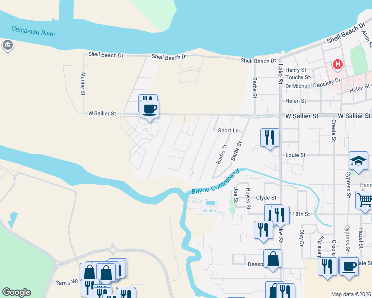 map of restaurants, bars, coffee shops, grocery stores, and more near 2300 La Cache Drive in Lake Charles