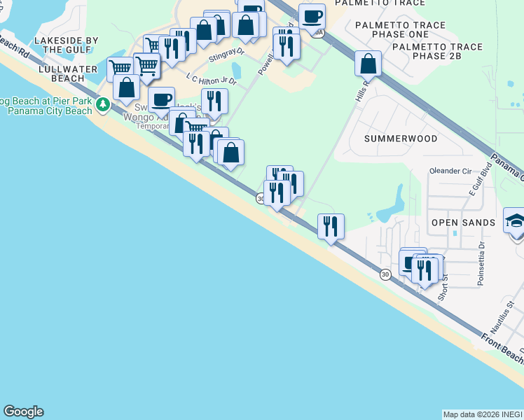 map of restaurants, bars, coffee shops, grocery stores, and more near 15405 Front Beach Road in Panama City Beach