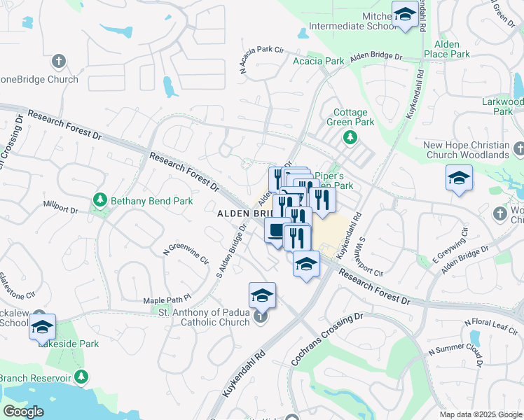 map of restaurants, bars, coffee shops, grocery stores, and more near 8150 Research Forest Drive in The Woodlands
