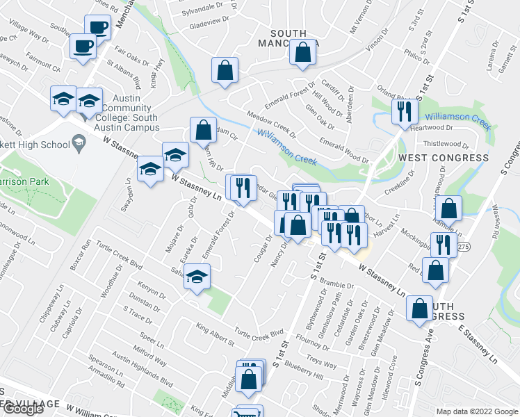 map of restaurants, bars, coffee shops, grocery stores, and more near 1016 West Stassney Lane in Austin