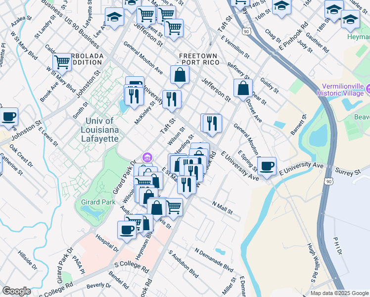 map of restaurants, bars, coffee shops, grocery stores, and more near 601 Harding Street in Lafayette