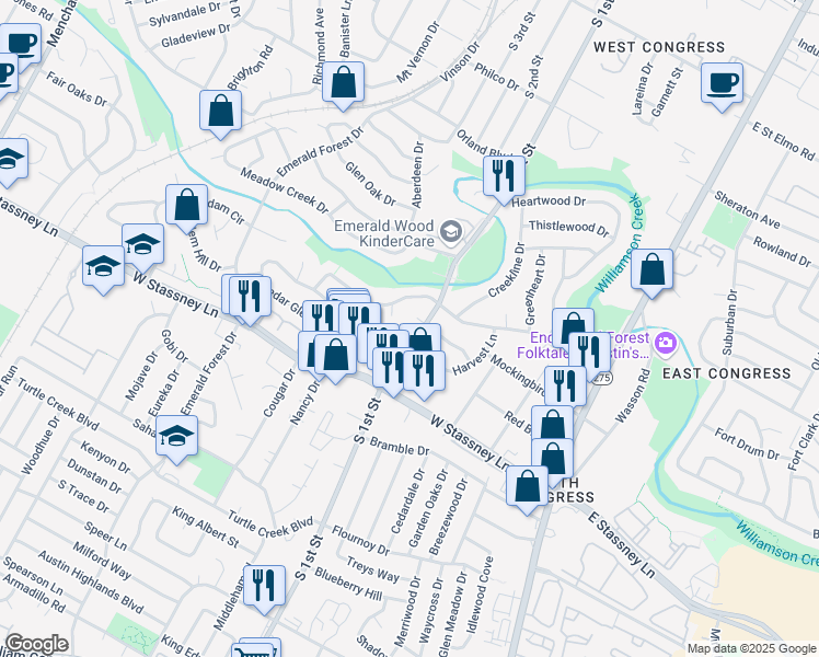 map of restaurants, bars, coffee shops, grocery stores, and more near 5410 South 1st Street in Austin