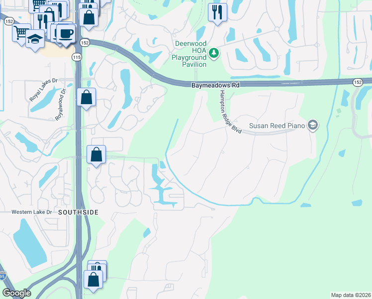 map of restaurants, bars, coffee shops, grocery stores, and more near 8661 Heather Run Drive South in Jacksonville
