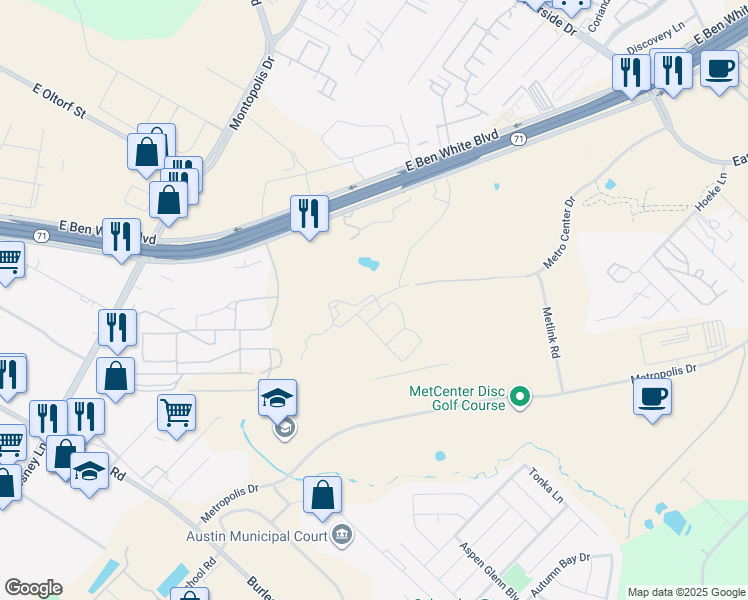 map of restaurants, bars, coffee shops, grocery stores, and more near 6800 Burleson Road in Austin