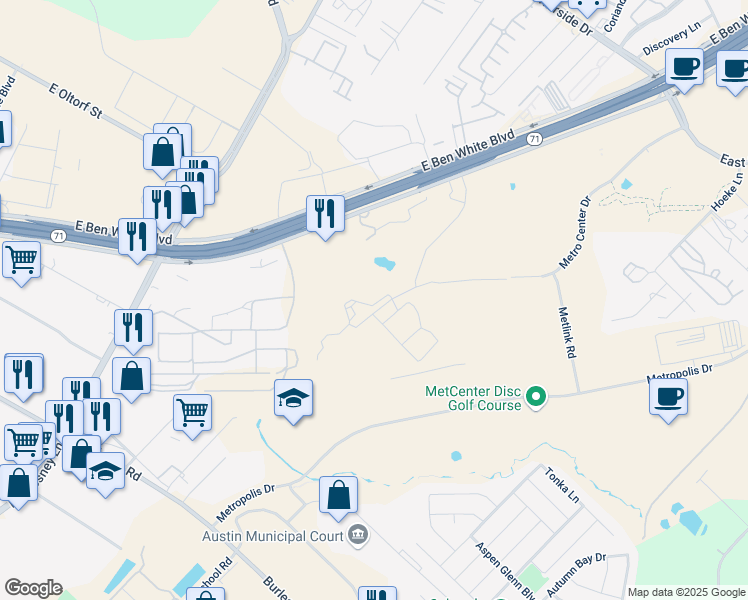 map of restaurants, bars, coffee shops, grocery stores, and more near 6800 Burleson Road in Austin