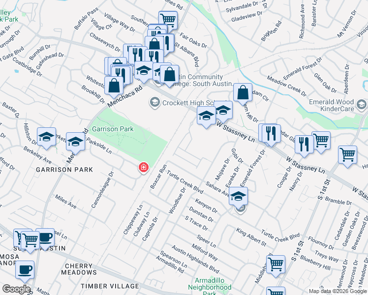 map of restaurants, bars, coffee shops, grocery stores, and more near 1501 Casa Drive in Austin