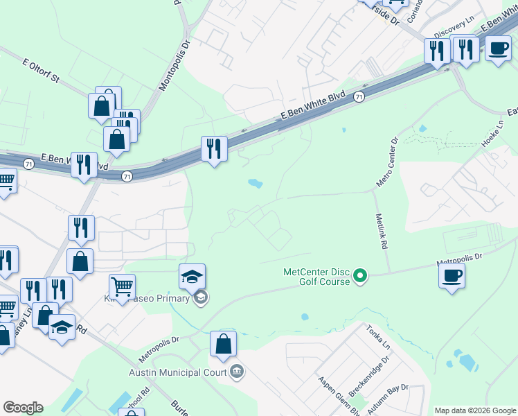 map of restaurants, bars, coffee shops, grocery stores, and more near 6800 Burleson Road in Austin