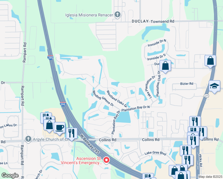 map of restaurants, bars, coffee shops, grocery stores, and more near 7527 Westland Oaks Drive in Jacksonville