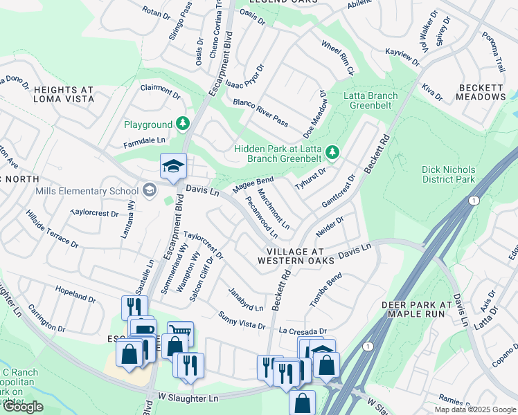 map of restaurants, bars, coffee shops, grocery stores, and more near 5811 Pecanwood Lane in Austin
