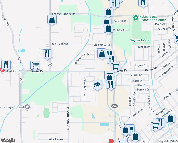 map of restaurants, bars, coffee shops, grocery stores, and more near 1718 Dulles Drive in Lafayette