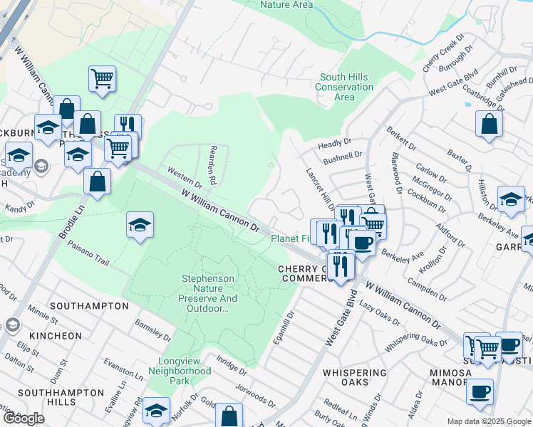 map of restaurants, bars, coffee shops, grocery stores, and more near 3014 West William Cannon Drive in Austin