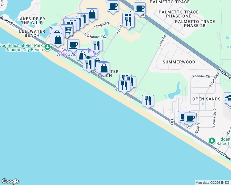 map of restaurants, bars, coffee shops, grocery stores, and more near 15413 Front Beach Road in Panama City Beach