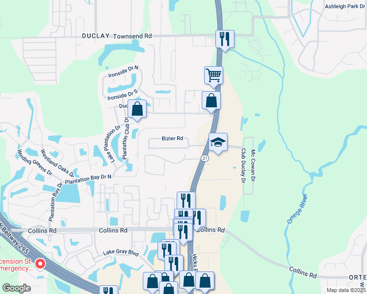 map of restaurants, bars, coffee shops, grocery stores, and more near 7600 Blanding Boulevard in Jacksonville
