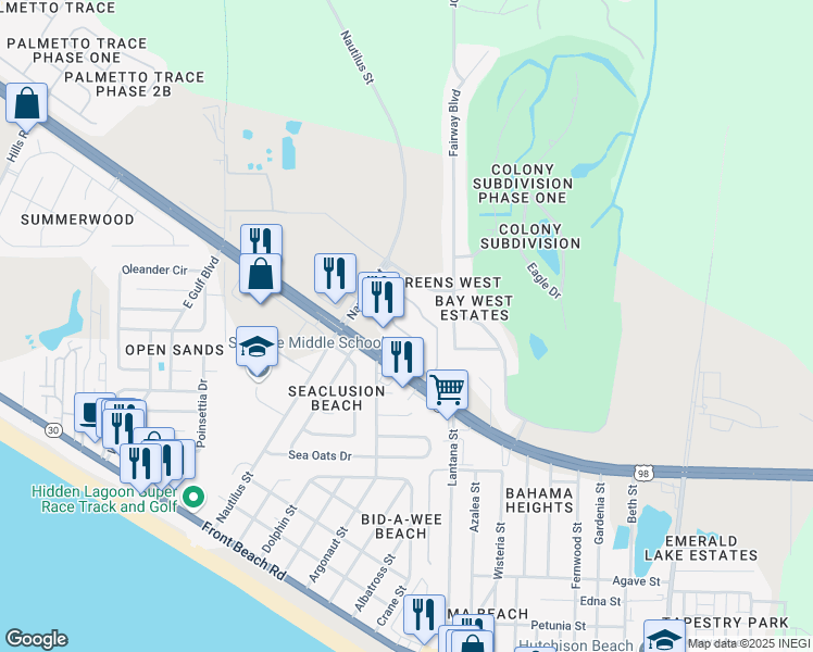 map of restaurants, bars, coffee shops, grocery stores, and more near 13800 Panama City Beach Parkway in Panama City Beach