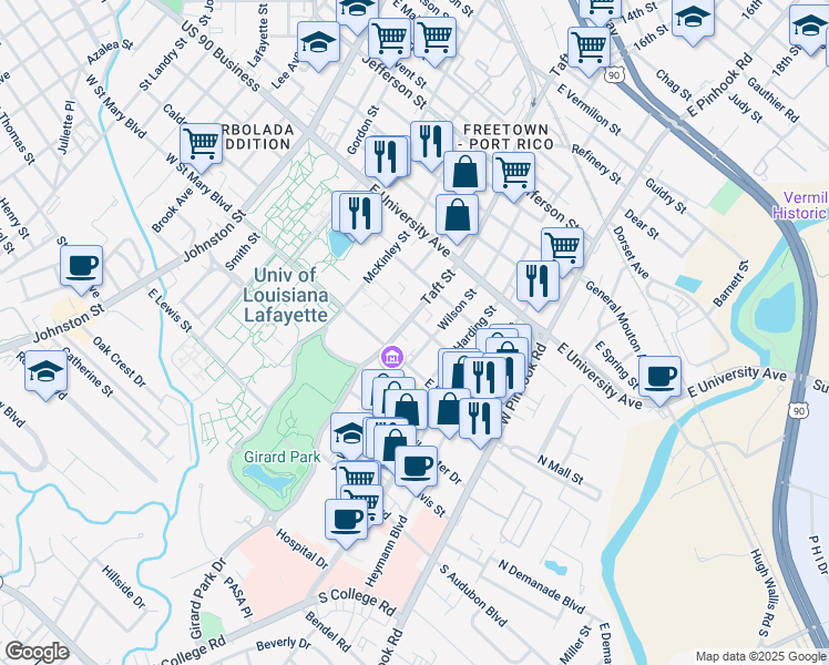 map of restaurants, bars, coffee shops, grocery stores, and more near 709 Wilson Street in Lafayette