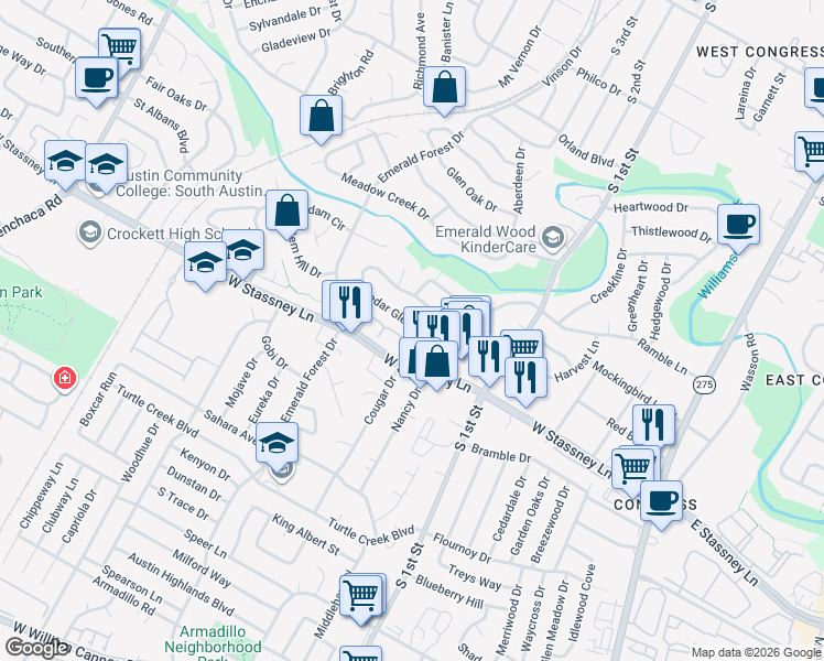 map of restaurants, bars, coffee shops, grocery stores, and more near 1016 West Stassney Lane in Austin