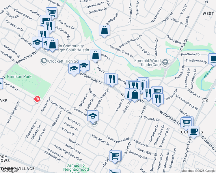 map of restaurants, bars, coffee shops, grocery stores, and more near 5622 Emerald Forest Drive in Austin