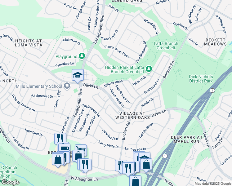 map of restaurants, bars, coffee shops, grocery stores, and more near 5811 Pecanwood Lane in Austin
