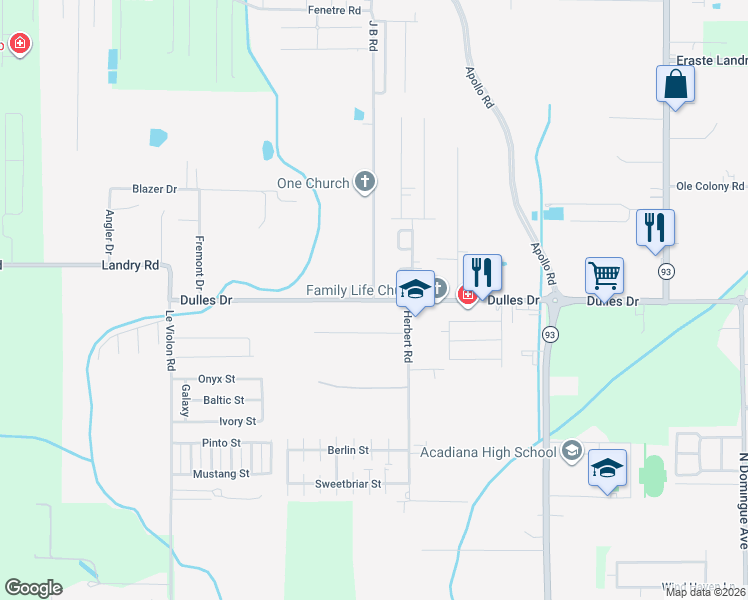 map of restaurants, bars, coffee shops, grocery stores, and more near 2359 Dulles Drive in Lafayette