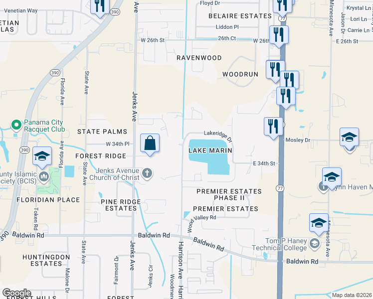 map of restaurants, bars, coffee shops, grocery stores, and more near 3404 Harrison Avenue in Panama City
