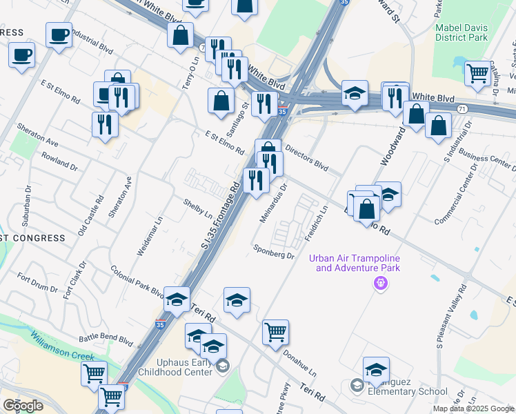 map of restaurants, bars, coffee shops, grocery stores, and more near 4415 South Interstate 35 Frontage Road in Austin