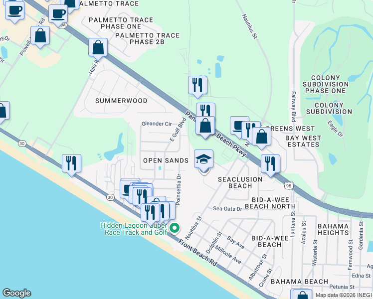 map of restaurants, bars, coffee shops, grocery stores, and more near 110 Pura Vida Court in Panama City Beach