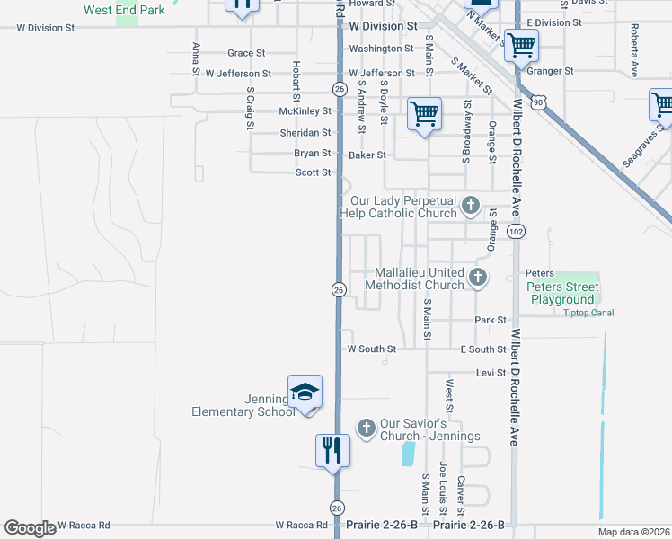 map of restaurants, bars, coffee shops, grocery stores, and more near 1211 South Lake Arthur Avenue in Jennings