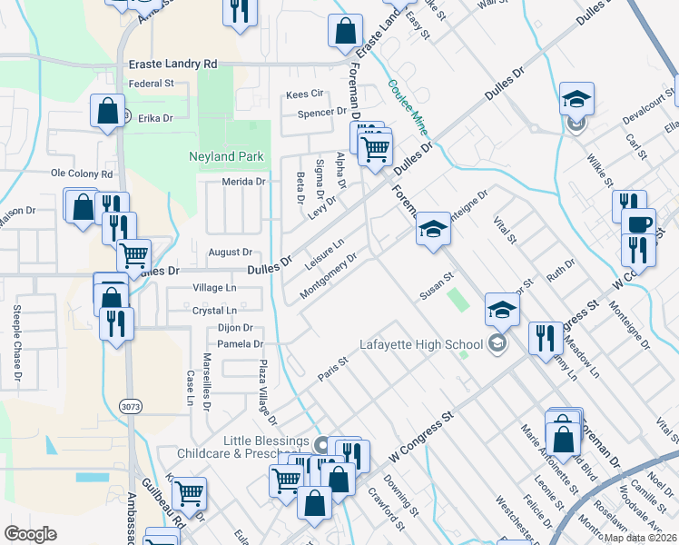 map of restaurants, bars, coffee shops, grocery stores, and more near in Lafayette