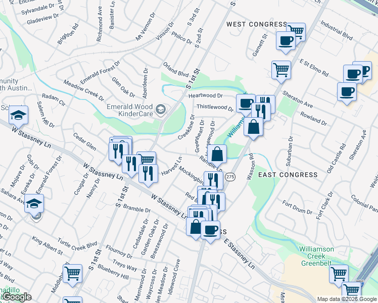 map of restaurants, bars, coffee shops, grocery stores, and more near 327 Ramble Lane in Austin