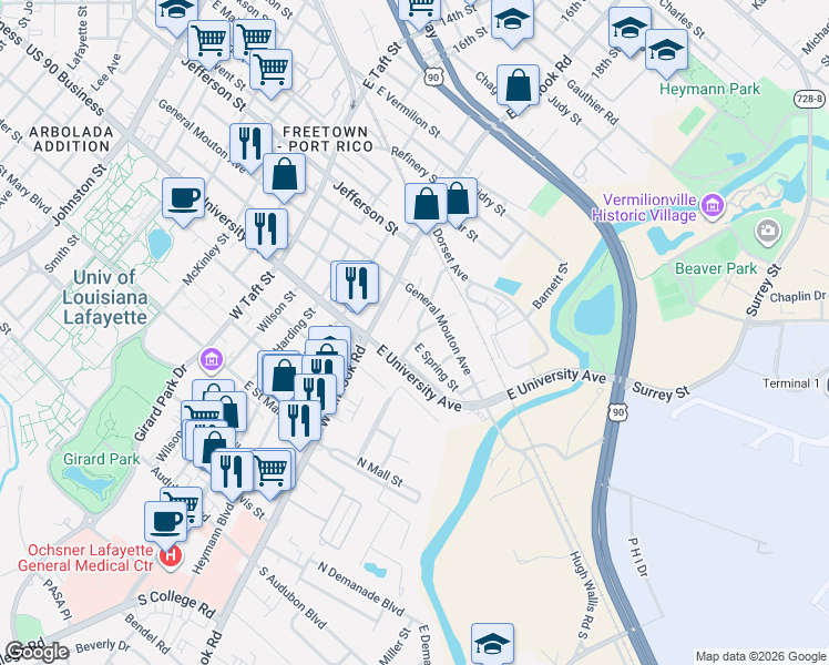map of restaurants, bars, coffee shops, grocery stores, and more near 312-398 Spring St in Lafayette