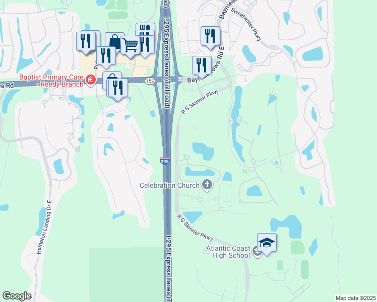 map of restaurants, bars, coffee shops, grocery stores, and more near 11251 Campfield Drive in Jacksonville
