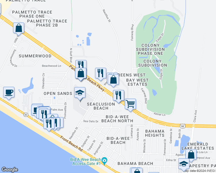map of restaurants, bars, coffee shops, grocery stores, and more near 13830 Panama City Beach Parkway in Panama City Beach