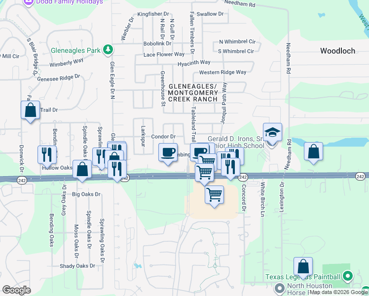 map of restaurants, bars, coffee shops, grocery stores, and more near 9888 Tulip Street in Conroe