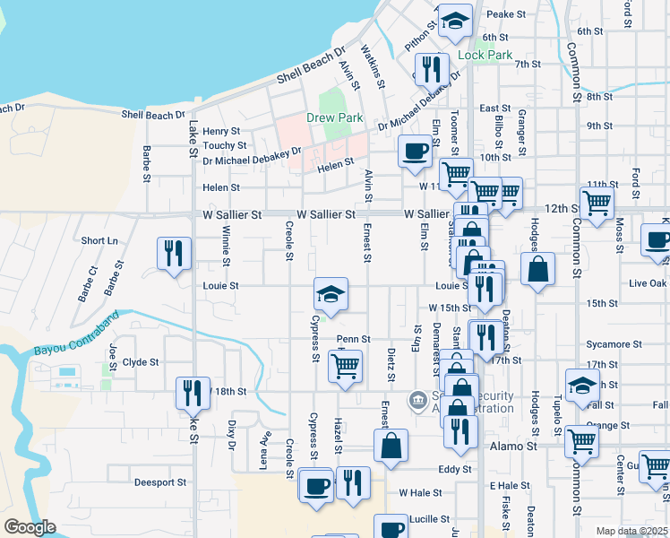 map of restaurants, bars, coffee shops, grocery stores, and more near 410 Louie Street in Lake Charles