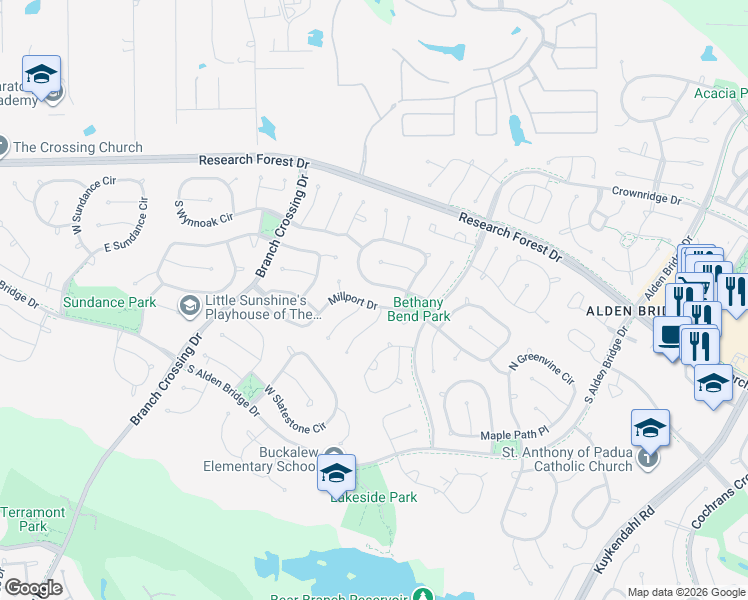 map of restaurants, bars, coffee shops, grocery stores, and more near 47 Teak Mill Place in The Woodlands