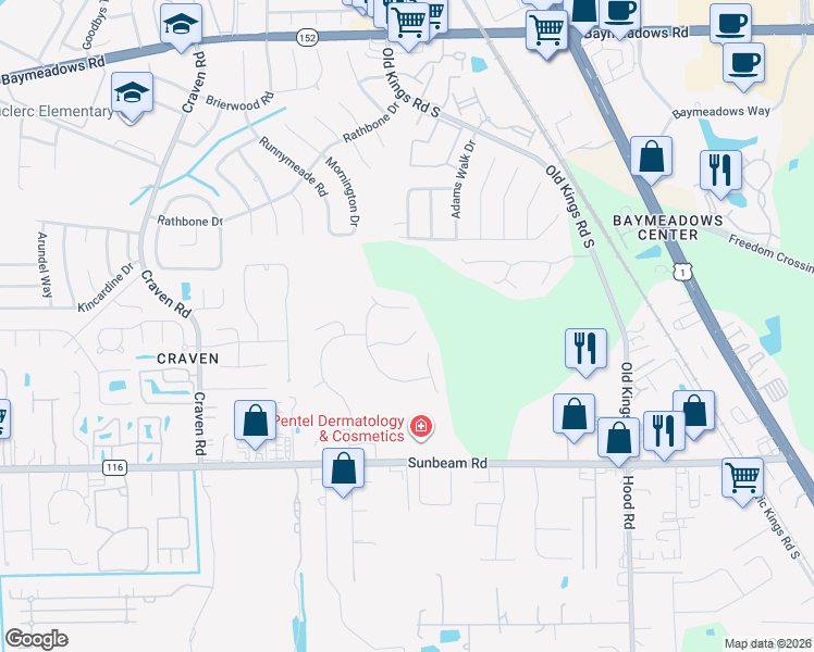map of restaurants, bars, coffee shops, grocery stores, and more near 4740 Cumberland Station Court in Jacksonville