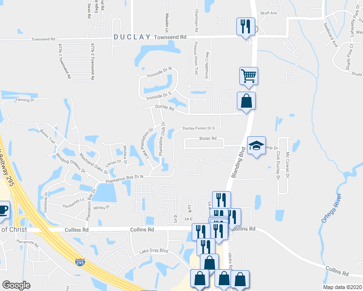 map of restaurants, bars, coffee shops, grocery stores, and more near 7611 Duclay Forest Drive West in Jacksonville