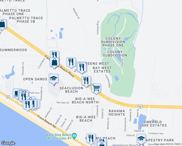 map of restaurants, bars, coffee shops, grocery stores, and more near 13800 Panama City Beach Parkway in Panama City Beach