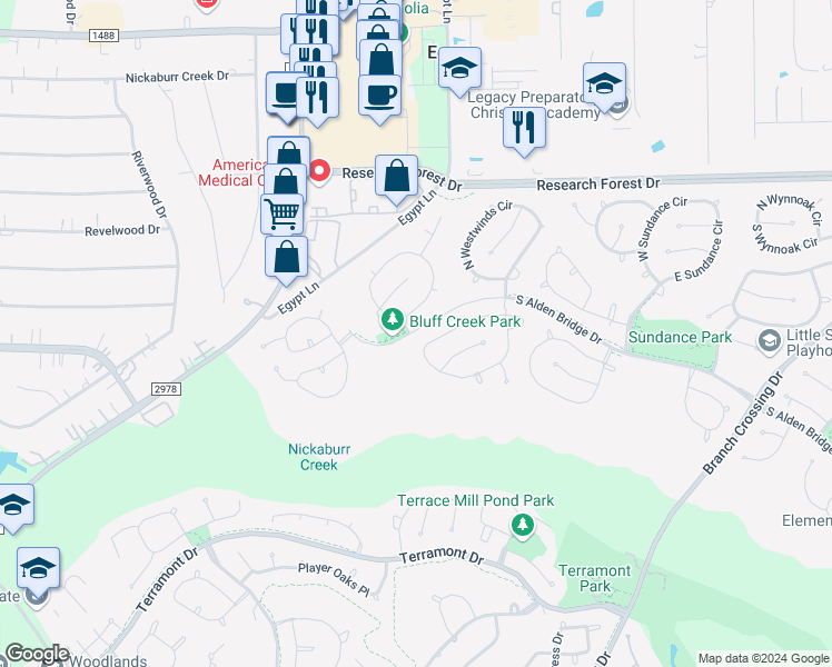map of restaurants, bars, coffee shops, grocery stores, and more near 66 North Goldenvine Circle in Spring