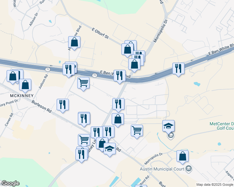 map of restaurants, bars, coffee shops, grocery stores, and more near 3300 Montopolis Drive in Austin