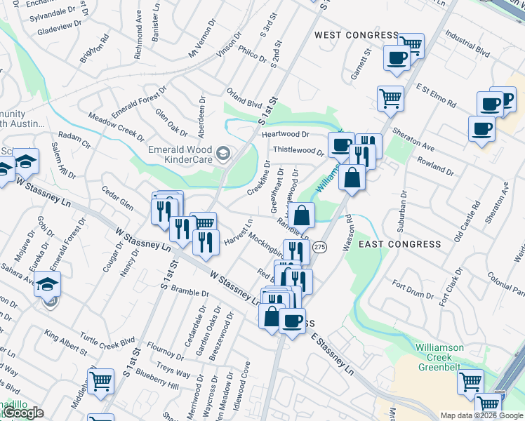 map of restaurants, bars, coffee shops, grocery stores, and more near 327 Ramble Lane in Austin