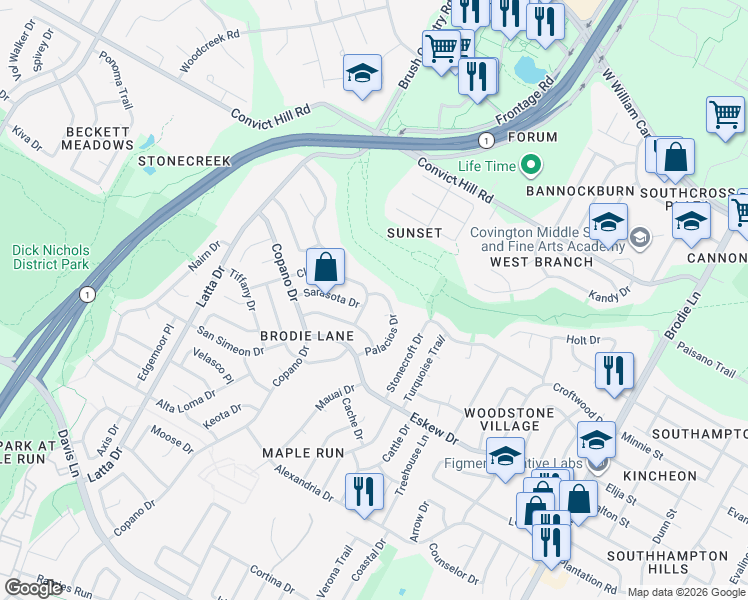 map of restaurants, bars, coffee shops, grocery stores, and more near 4302 Clarno Drive in Austin