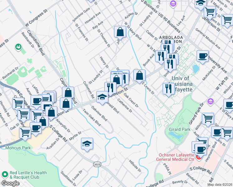 map of restaurants, bars, coffee shops, grocery stores, and more near Johnston Street & Whittington Drive in Lafayette