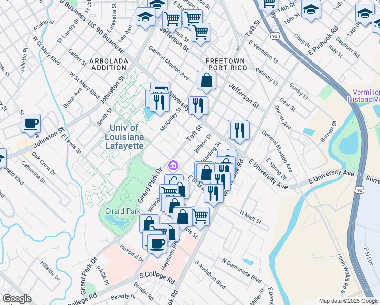 map of restaurants, bars, coffee shops, grocery stores, and more near 709 Wilson Street in Lafayette