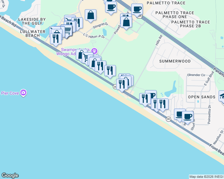 map of restaurants, bars, coffee shops, grocery stores, and more near 15413 Front Beach Road in Panama City Beach