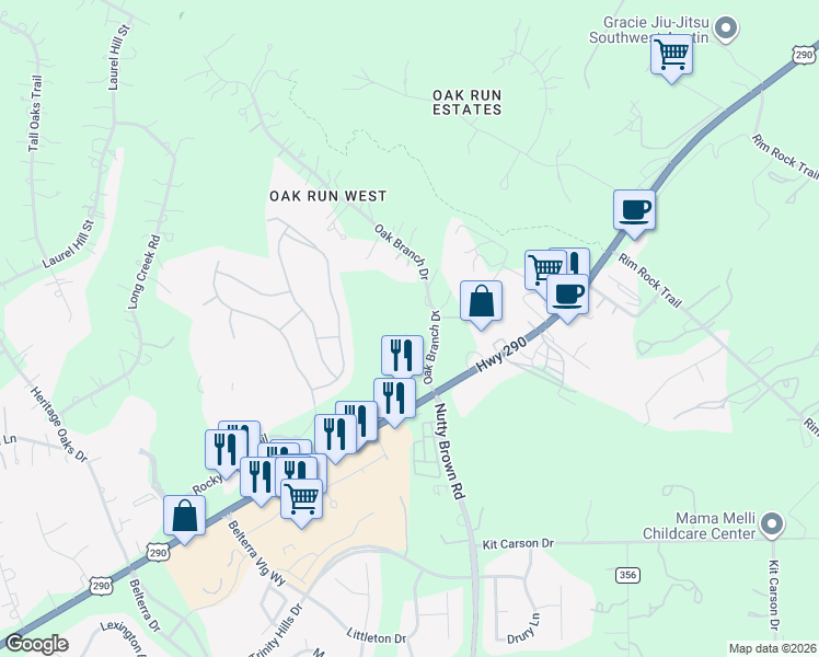 map of restaurants, bars, coffee shops, grocery stores, and more near 11107 Oak Branch Drive in Austin
