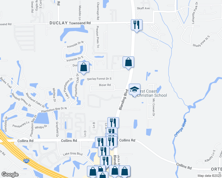 map of restaurants, bars, coffee shops, grocery stores, and more near 6061 Longchamp Drive in Jacksonville