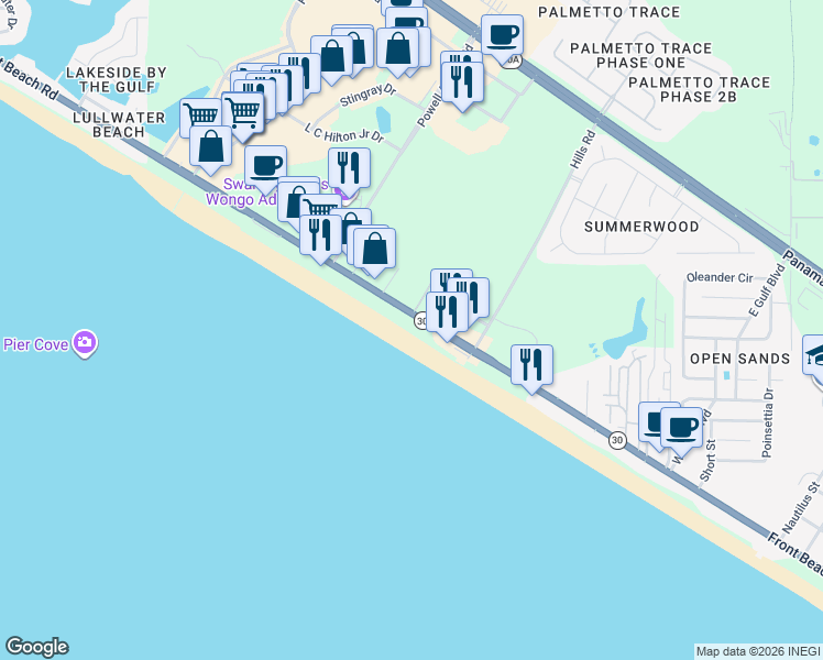 map of restaurants, bars, coffee shops, grocery stores, and more near 15413 Front Beach Road in Panama City Beach