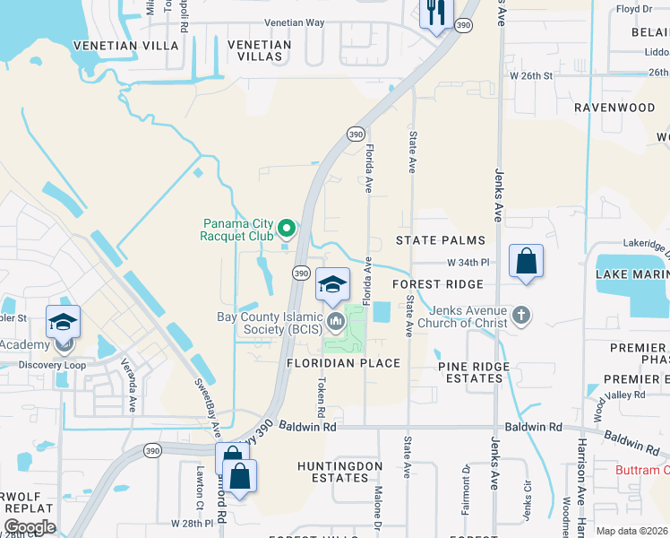 map of restaurants, bars, coffee shops, grocery stores, and more near 3505 Florida Avenue in Panama City